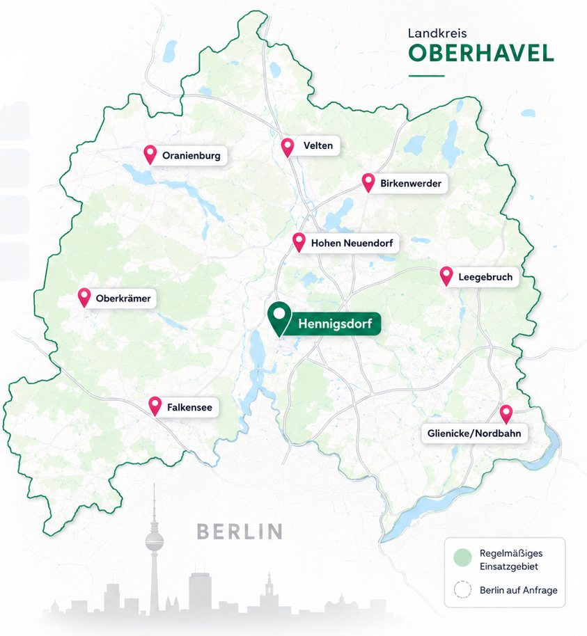 Karte des Einsatzgebiets: Landkreis Oberhavel mit Hennigsdorf, Velten, Oranienburg, Hohen Neuendorf, Birkenwerder, Leegebruch, Oberkrämer, Falkensee, Glienicke/Nordbahn sowie Berlin auf Anfrage